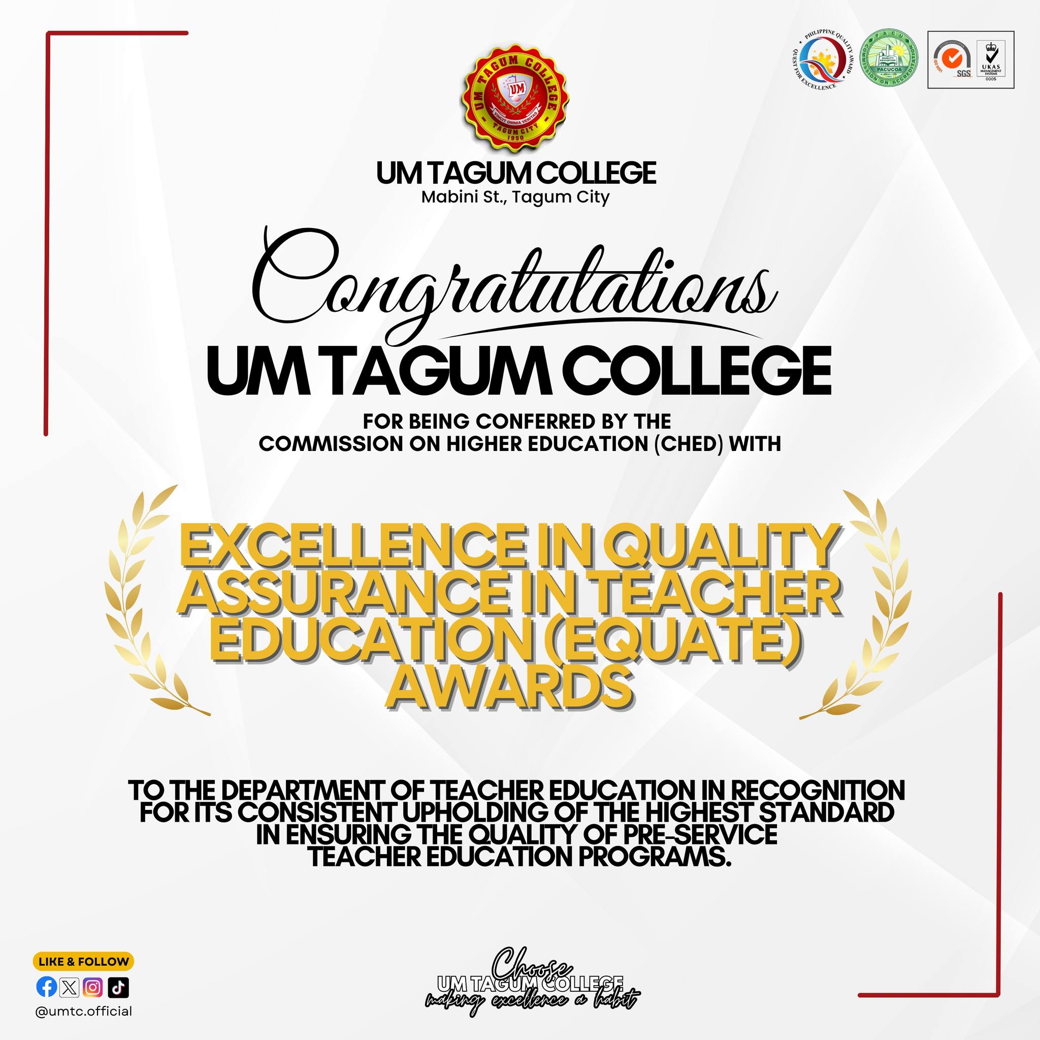 Department of Teacher Education (DTE) conferred with CHED EQUATE Awards