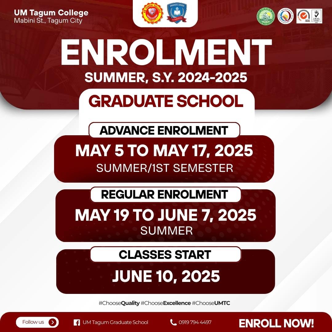 UMTC Graduate School Enrolment Schedule and Admission Requirements for Summer, A.Y. 2024-2025